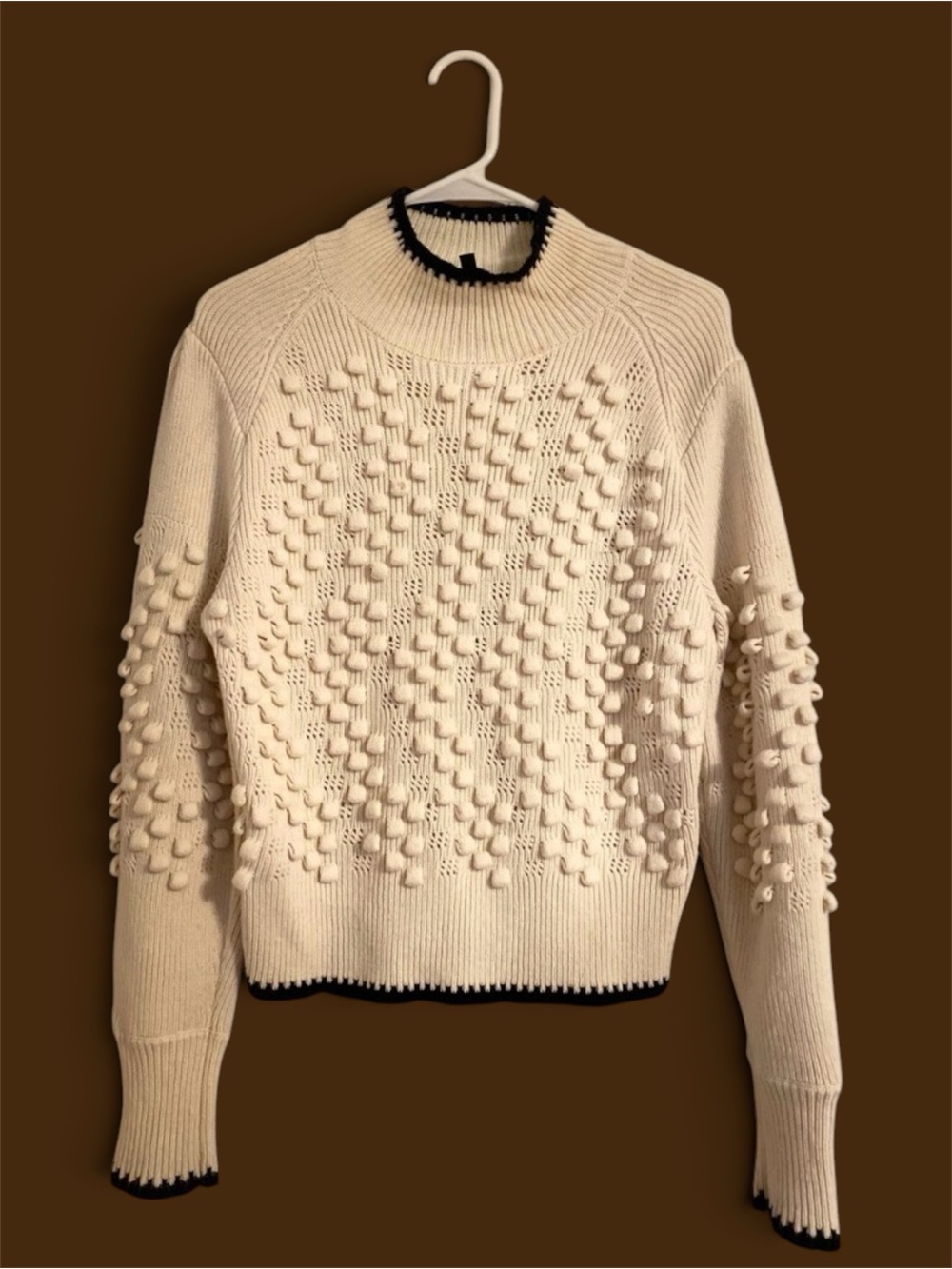 BCBGMAXAZRIA Gardenia Popcorn Knit Bobble Mock Neck Sweater Ivory White L